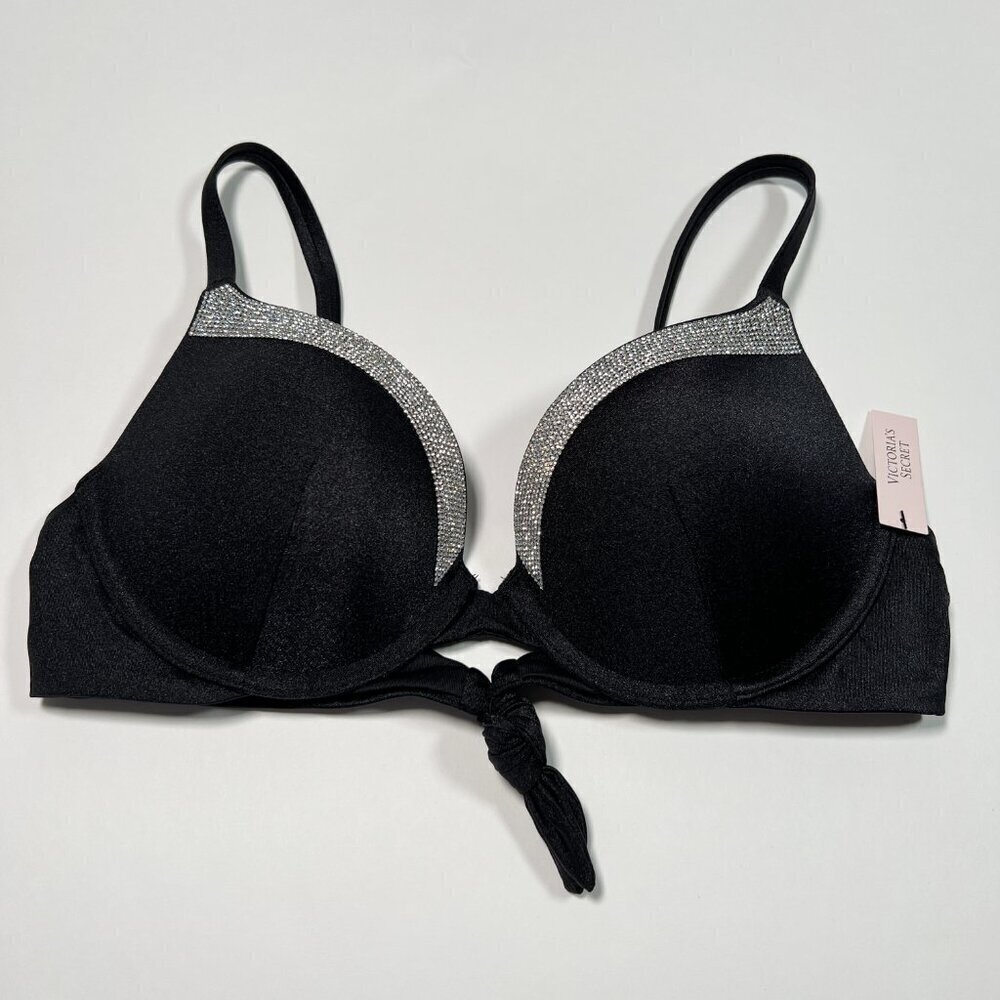 Victoria Secret 34A VERY SEXY Push Up Bikini Top Shine Trim Back Tie Black